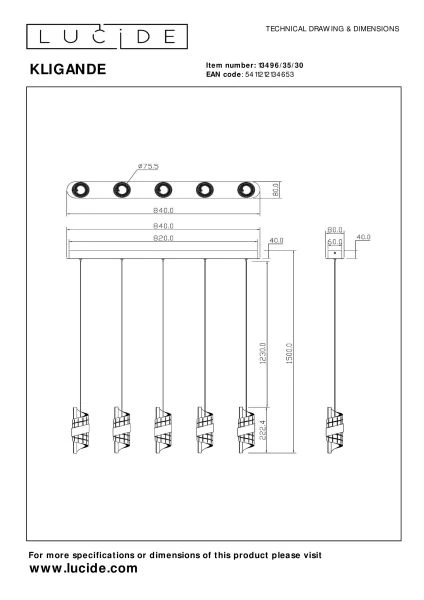 Lucide KLIGANDE - Hanglamp - LED Dimb. - 5x7,8W 2700K - Zwart - technisch